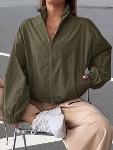 SHEIN EZwear Zip Up Drop Shoulder Jacket In Fall/Winter - Army Green - View 7