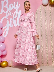 Loomaby Maternity Tie-Dye Print Round Neck Long Sleeve Pleated Elegant Dress Fall - Pink - View 11