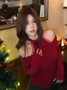 DAZY Autumn/Winter 2-In-1 Hollow Mesh Casual Sweet Christmas Wedding Banquet Knit Women's T-Shirt - Red - View 7