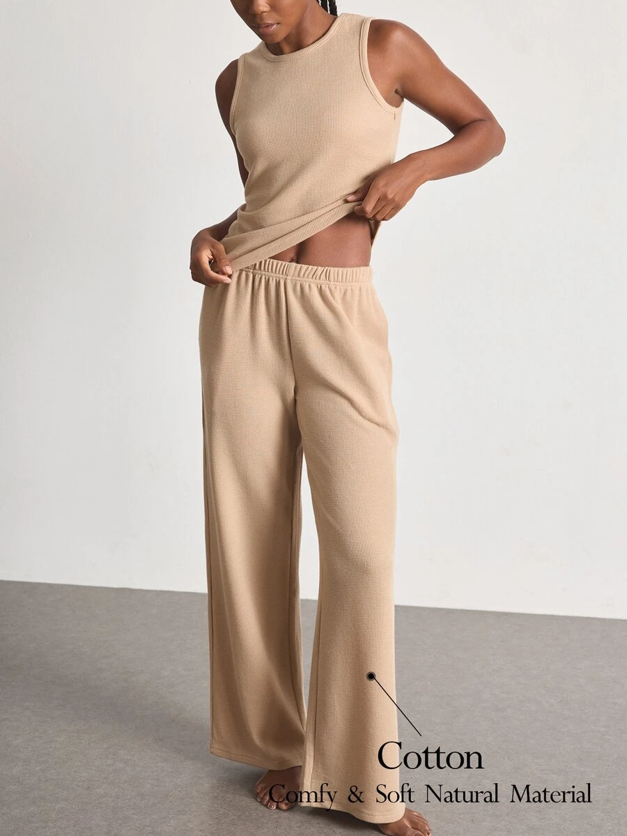 Ocili Minimalist Comfortable Casual Easy-To-Care-For Tank Top & Long Pants Pajama Set, Soft Women's Loungewear Set - Khaki - View 1