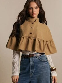 Poéselle Women's Camel Ruffle-Hem Cape Blouse – Stand-Collar Button-Front Cropped Poncho Top Winter Jacket Casual Blouses Y2k Going Out Tops Halloween Costume - Khaki - View 3