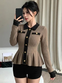 Joudiya Autumn/Winter Women's Casual Sweet Wedding T-Shirt With Ruffle Hem, Color Block Patchwork, Brown, Metal Buckle, Long Sleeve - Brown - View 2