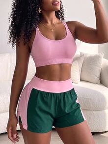 SHEIN Core Rhythm Women's Sports Yoga Outdoor Gym Workout Shorts, 2 In 1 Design, Side Geometric Contrast Color, Small Inverted V-Shaped Hem, Inner Lining With Pockets, Wide Waistband With Contrast Color - Multicolor - View 3