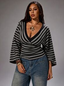 Rustia Plus Size Autumn/Winter Casual Colorful Striped V-Neck Long Sleeve T-Shirt Fall - Black - View 3
