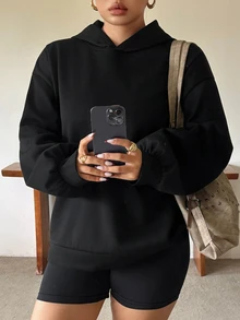 Dazy Plus Sweatshirt Hoodie Kasual Tebal Berlapis Termal, Gaya Blogger, Warna Polos Dasar Baru Musim Gugur/Dingin - Hitam - View 3