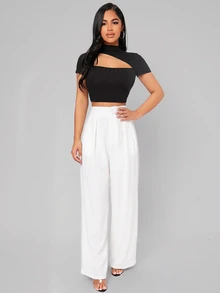 SHEIN PETITE 高腰百褶寬腿黑色西裝長褲 - 白色 - 查看 4