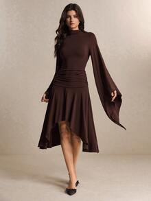 Poéselle Women's Elegant Pleated Asymmetrical Hem Dress - Brown - View 4