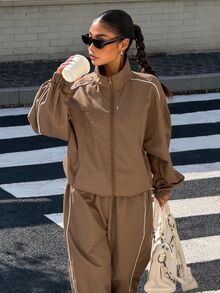Muchica Women's Autumn/Winter New Brown Plaid Casual Loose Jacket & Pants Set For Going Out, Streetwear - Brown - View 5