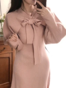 DAZY Women's Bowknot Korean Style Long Sleeve Autumn/Winter Sweater 2 Pieces Set - Baby Pink - View 3