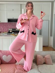Slumberry CURVE Sweet Romantic Contrast Color Bow Trim Pocket Pink Knit Plus Size Pajama Set - Pink - View 6