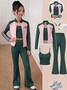 SHEIN Tween Girl 童女針織拼色立領蝴蝶結印花夾克、細肩帶上衣與長褲三件套 - 粉色 - 查看 3