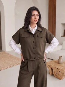 Rue Lumi Flap Detail Batwing Sleeve Shirt & Wide Leg Pants Without Blouse - Brown - View 5