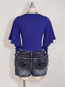 SHEIN ICON 女款大尺碼黑色夏季哥德風性感夜店約會派對夜店 T-shirt，復古優雅 V 領荷葉袖修身 Y2K 風格 - 寶藍色 - 查看 2