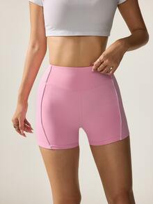 SHEIN Dewbera Women's Solid Color High Waist Daily Fitness Sports Shorts - Pink - View 2
