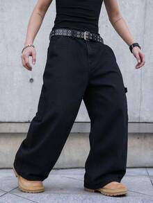 RivetRise 男士街頭風鈕扣口袋牛仔長褲，適合日常穿著 - 黑色 - 查看 5