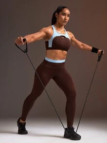 Powerista Women's Brown & Blue Color Block Back Hook Tight-Fit Sports Bra With Removable Padding - Brown - View 6
