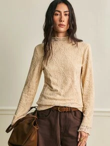 SHEIN تي شيرت علوي طبقة أساسية شتاء 2026 جديد، تي شيرت تي شيرت بأكمام طويلة مبطن بالصوف السميك مع دانتيل خريف/شتاء - لون مشمشي - مشاهدة 1