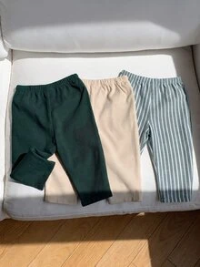 SHEIN 男女嬰兒/幼兒 3件組秋冬休閒百搭燈芯絨與條紋長褲多件組，嬰兒冬季下身褲，上學褲 - 彩色 - 查看 2