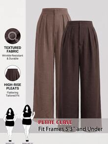 SHEIN PETITE CURVE 大尺碼女款純色百褶寬腿鬆身長褲 休閒優雅 正式辦公教師節早午餐穿搭 黑色巧克力棕 秋季 - 彩色 - 查看 1