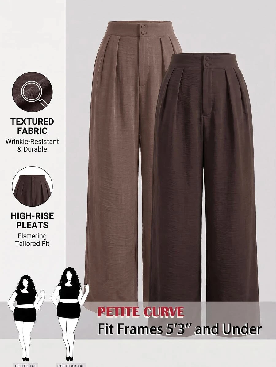 SHEIN PETITE CURVE 大尺碼女款純色百褶寬腿鬆身長褲 休閒優雅 正式辦公教師節早午餐穿搭 黑色巧克力棕 秋季 - 彩色 - 查看 1