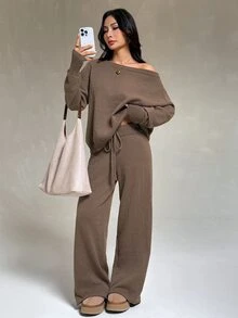 SHEIN PETITE طقم نسائي خريف/شتاء كنزة صوفية بأكمام طويلة وبنطال محبوك بخصر برباط بلون الجمل - قهوة بني - مشاهدة 6