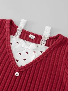 SHEIN 青少年女孩秋季套裝 2件組圓領拼接T恤與刺繡牛仔褲，秋冬休閒穿搭 - 紅色 - 查看 3