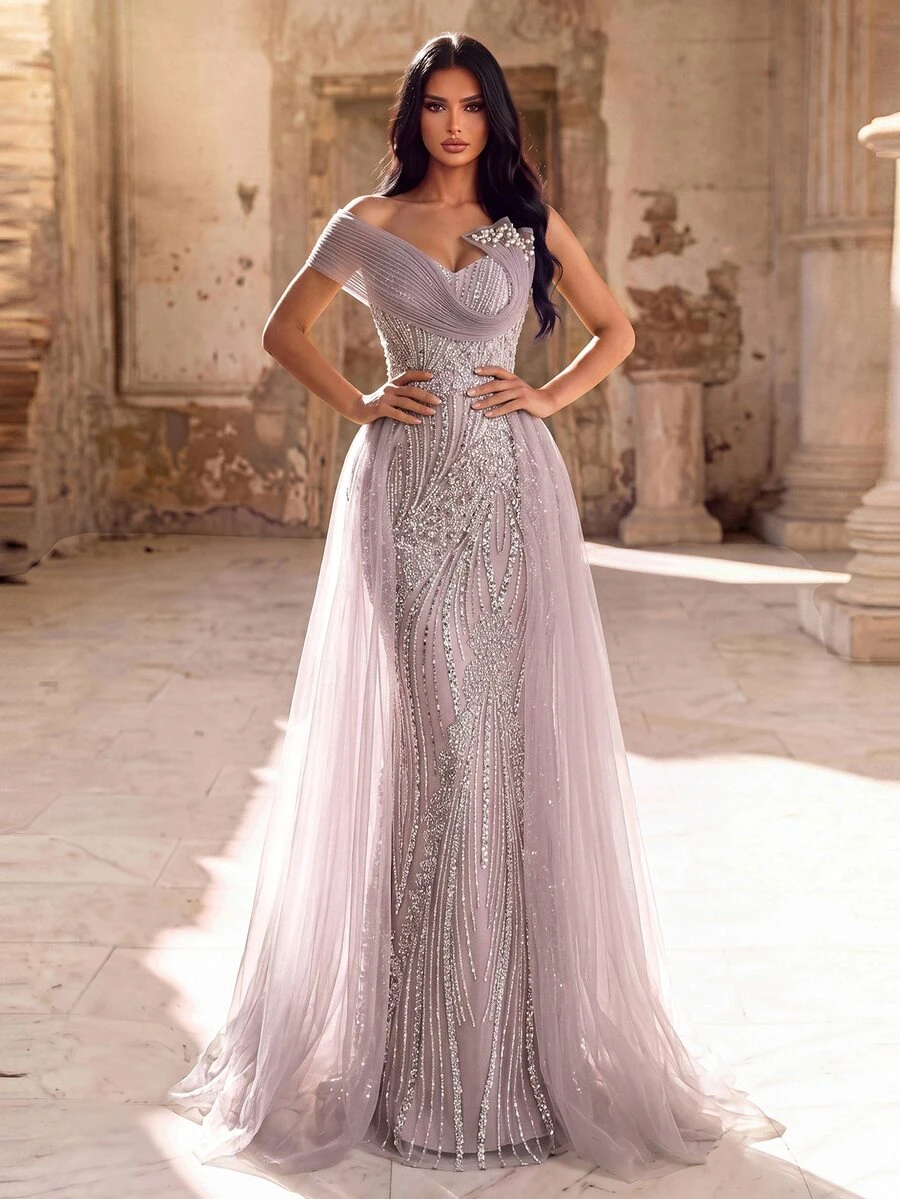 Elovaire Gaun Malam Formal Elegan untuk Tamu Pernikahan dengan Hiasan Mutiara dan Motif Sisik Ikan Berwarna Ungu Muda. - Mauve Purple - View 1