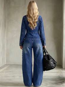 StreetHx Women's Double-Breasted Long Sleeve Jacket And Pants Casual Daily Denim Set - Blue - View 2