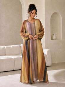 DAZY Gaun Maxi Kasual Lengan Panjang Berkerah V Longgar Motif Garis-garis untuk Liburan Musim Semi dan Gugur, Cocok untuk Ibu Hamil - Khaki - View 5