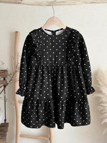 SHEIN Young Girl Woven Cute Kids Casual Polka Dot Pattern Ruffle Style Dress, Long Sleeve Dress, Suitable For Summer And Autumn, Perfect For Casual Daily - Black - View 7