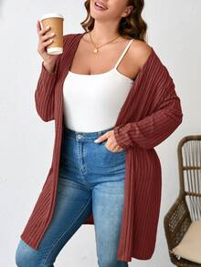 Comfylo Plus Size Plain Color Ribbed Knit Cardigan For Spring And Autumn Winter Clothes,Fall Women Clothes,Fall Clothes For Women Office Airport Navy - Rusty Rose - View 5
