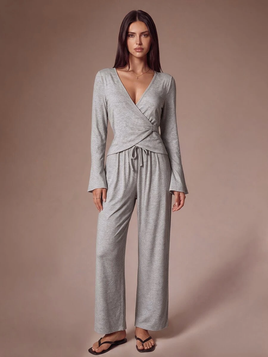 Lazeform Women's Casual Home Loungewear Set With Open Front Tie V-Neck Long Sleeve Top And Long Pants - Grey - View 1