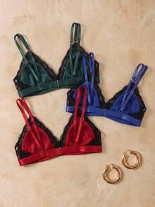 HautHeat 6pcs Multi-Color Satin Lace Patchwork Triangle Cup Elegant Romantic French Style Women's Lingerie Set - Multicolor - View 4