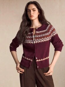 BizChic Women's Geometric Pattern Long Sleeve Single-Breasted Knit Cardigan - Red Violet - View 4