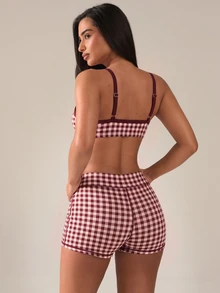 SHEIN BAE Women's Plaid Camisole Top And Shorts Sports Set - Burgundy - View 2