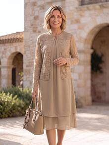 Hansera Middle-Aged Women Solid Color Dress And Lace Cardigan Casual Set - Apricot - View 3
