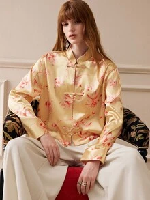 Arave Thickened Satin Stand Collar Frog Button Chinese Style Tie Dye Print Wide Sleeve Fashion Long Sleeve Shirt - Multicolor - View 1