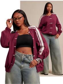 SHEIN SXY Plus Size Women's Colorblock Casual Daily Long Sleeve Jacket - Rose Red - View 2