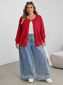 SHEIN CURVE+ 大尺碼女款休閒純色圓領長袖寬鬆剪裁冬季上衣 - 紅色 - 查看 9