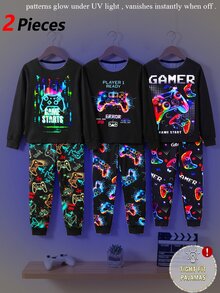 青少年男孩遊戲控制器印花 UV 光感發光長袖睡衣套裝，酷炫多彩風格，針織親膚彈性面料，舒適柔軟修身長袖上衣與長褲 2 件式居家休閒睡衣 - 彩色 - 查看 8
