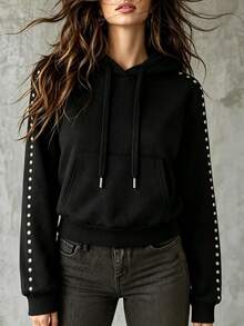INAWLY Solva Áo nỉ hoodie nữ mặc thường ngày phong cách casual trang trí đính đá - màu đen - Xem 7
