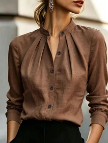 RosyDaze Women's Solid Color Casual Versatile Daily Wear Shirt - Brown - View 1