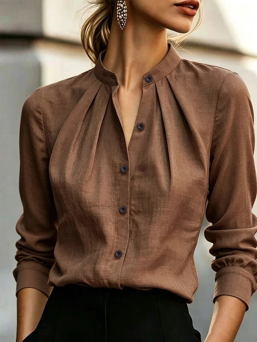 RosyDaze Women's Solid Color Casual Versatile Daily Wear Shirt - Brown - View 1
