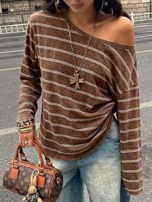 Coolane 女款寬鬆休閒棕色雪花條紋不對稱肩 T-shirt，適合春秋穿著 - 彩色 - 查看 5