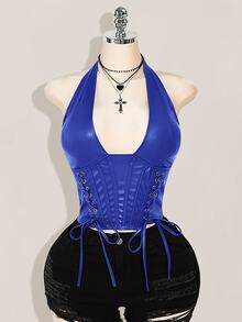 SHEIN ICON 大尺碼女款 PU 皮革掛脖式金屬孔綁帶束腰上衣，Y2K 哥德風棕色夏季夜店外訪人造皮革 V 領綁帶背心上衣 - 寶藍色 - 查看 4