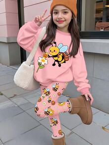 女童可愛蜜蜂圖案花卉田園風白色圓領長袖衛衣＋內搭褲2件套，秋季圖案舒適嬰兒西式7th - 彩色 - 查看 2