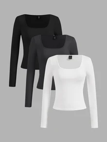 SHEIN EZwear 女款素色方領長袖休閒百搭T恤（3件組） - 彩色 - 查看 1
