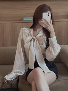 DAZY Women's French Style Gentle Long Sleeve Blouse For Dating And Vacation - Apricot - View 7