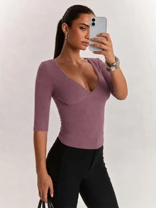 SHEIN BAE 女款純色修身百搭日常休閒T恤 - 彩色 - 查看 4