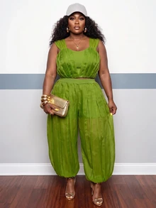 Slaydiva Plus Size Women's Pleated Design Cropped Sleeveless Top And Lantern Pants Fashion Set - Green - View 4